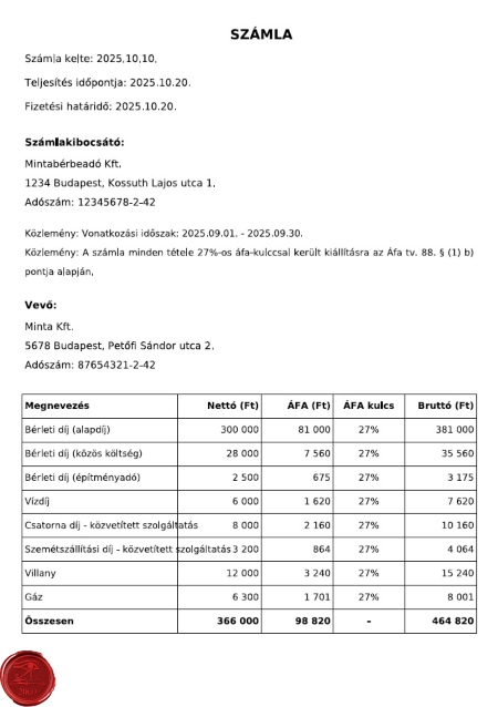 Ingatlan bérbeadás és rezsi számlázása 2 Mintaszamla AFA Irisz Office